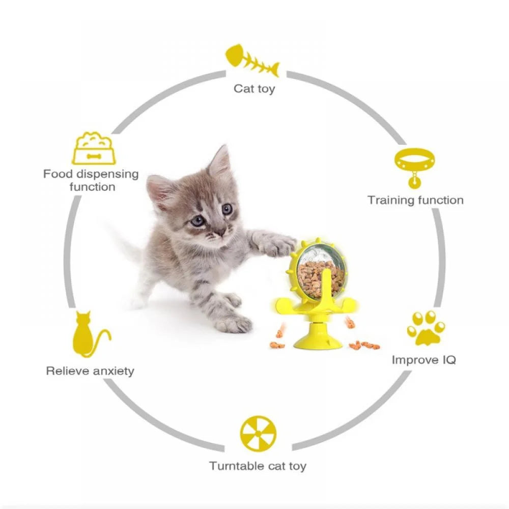 Cat Food Dispenser Toy, 360°Rotating Windmill Treat Dispenser Pet Toy with Suction Cup, Interactive Slow Feeder Toy for Cats Dogs
