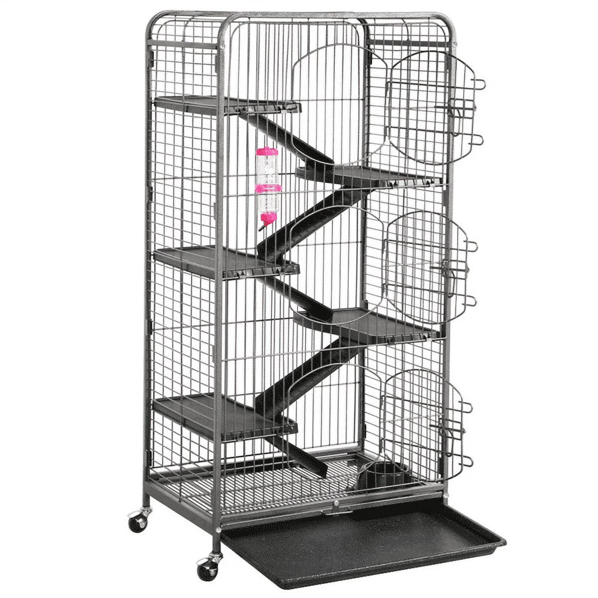 Large 6 Level Rolling Pet Cage with 3 Doors, Pet Bowl, and Water Bottle for Small Animals, Black