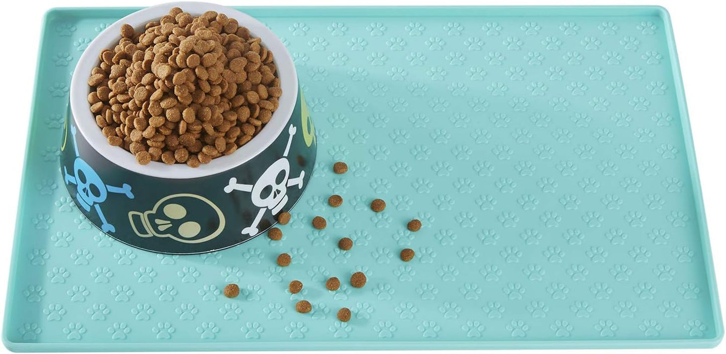Feeding Mat, Non Slip Silicone Waterproof Pet Bowl Pad,Raised Outer Border,Perfectly Stop Food Spills and Water Messes Out to Floor for Puppy,Cat and Medium Dogs (18.9"X11.8", Mint Green)