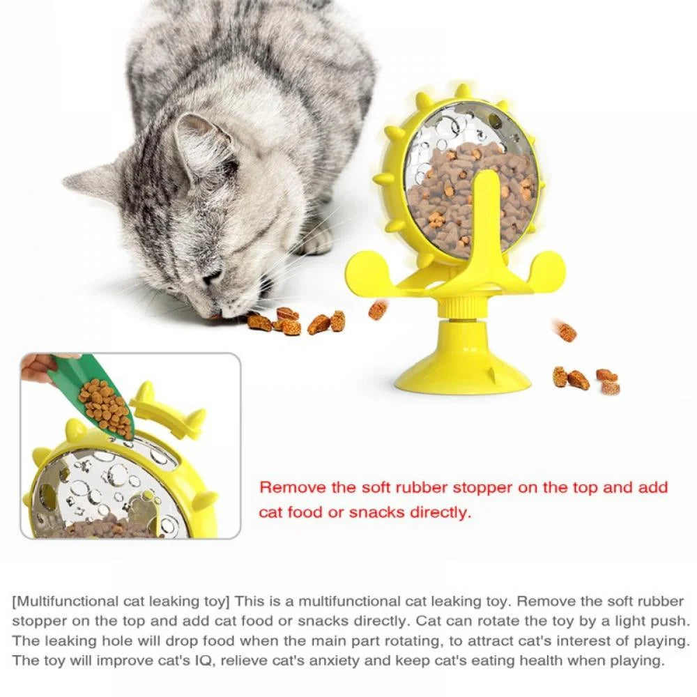Cat Food Dispenser Toy, 360°Rotating Windmill Treat Dispenser Pet Toy with Suction Cup, Interactive Slow Feeder Toy for Cats Dogs