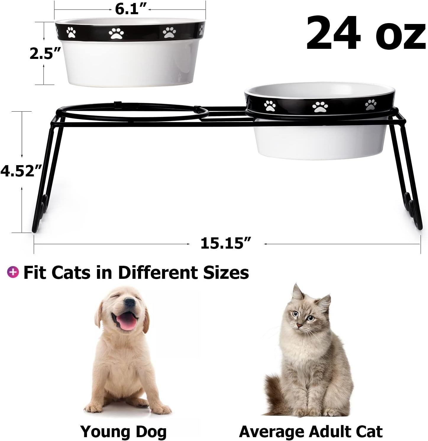 Raised Dog Bowls, Elevated Dog Bowls 24Oz, Ceramic Dog Cat Bowls for Food and Water, Pet Bowls for Cats and Small Dogs, Prevent Neck Pain, anti Slip Feet, White