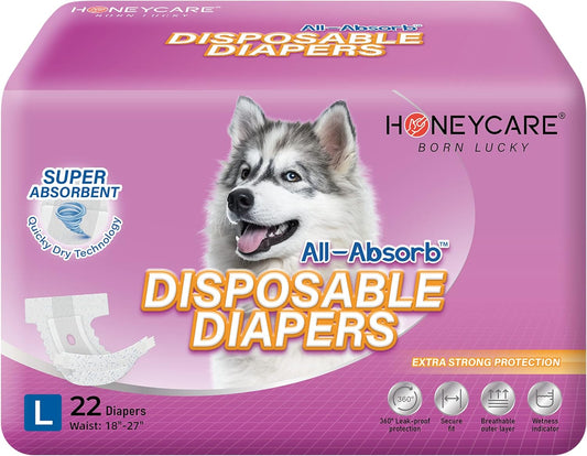 All-Absorb Disposable Female Dog Diapers L Size, Improved Bigger Size, 22 Count, Super Absorbent, Breathable, Wetness Indicator, Packaging May Vary