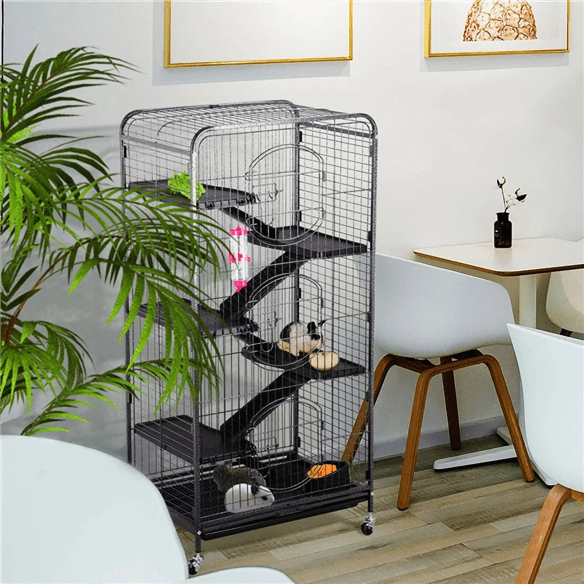 Large 6 Level Rolling Pet Cage with 3 Doors, Pet Bowl, and Water Bottle for Small Animals, Black