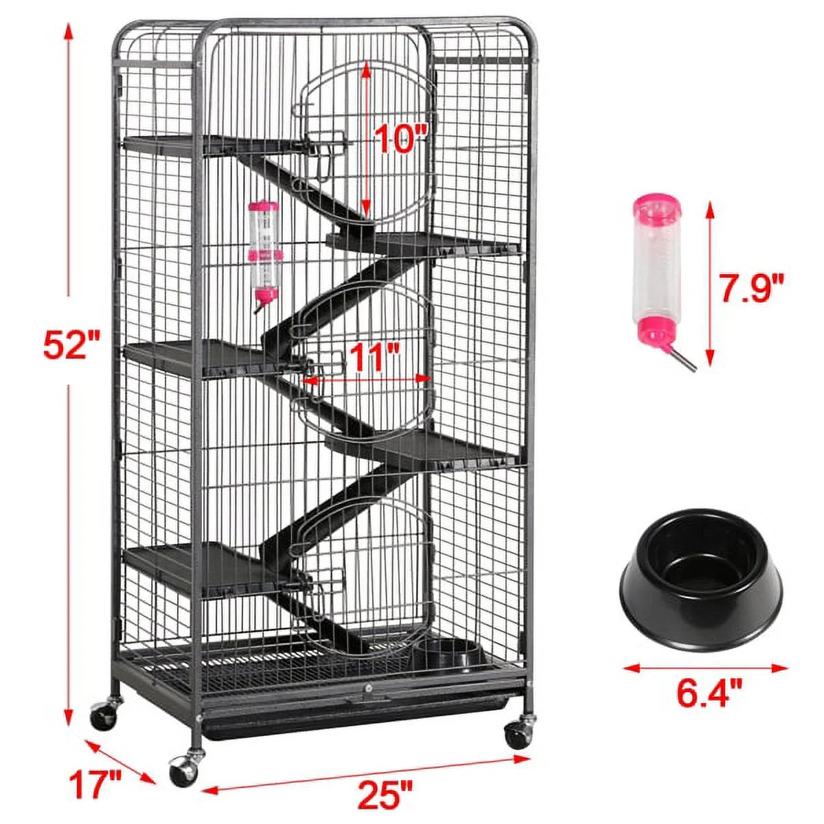 Large 6 Level Rolling Pet Cage with 3 Doors, Pet Bowl, and Water Bottle for Small Animals, Black