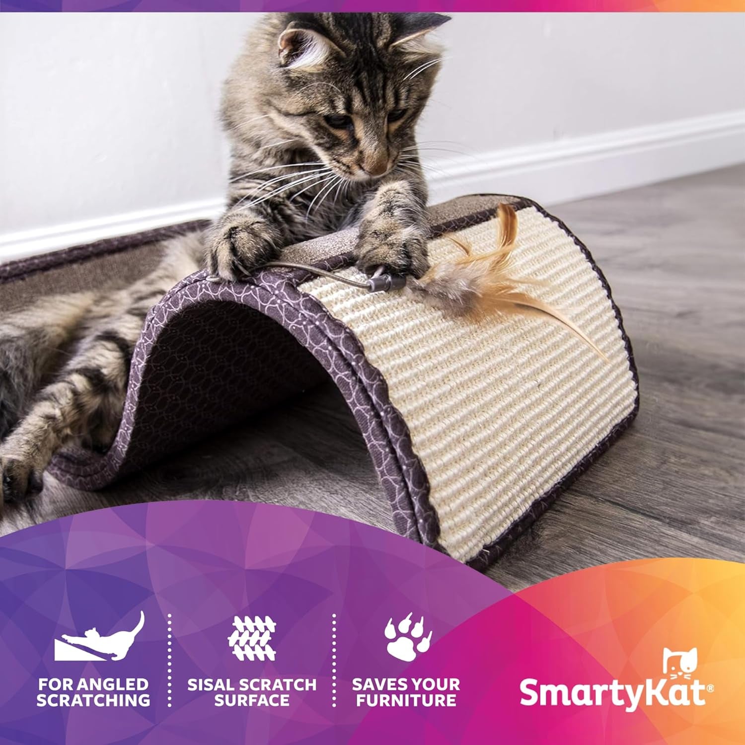 Scratch Scroll Sisal & Carpet Curled Cat Scratcher for Indoor Cats & Kittens, Features Feather Toy for Play, Looped Carpet Material, Gray