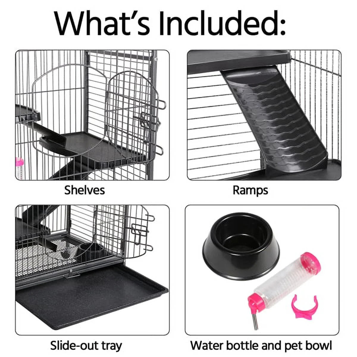 Large 6 Level Rolling Pet Cage with 3 Doors, Pet Bowl, and Water Bottle for Small Animals, Black