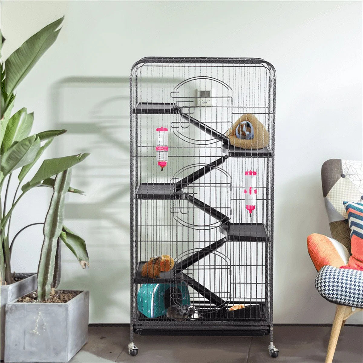 Large 6 Level Rolling Pet Cage with 3 Doors, Pet Bowl, and Water Bottle for Small Animals, Black