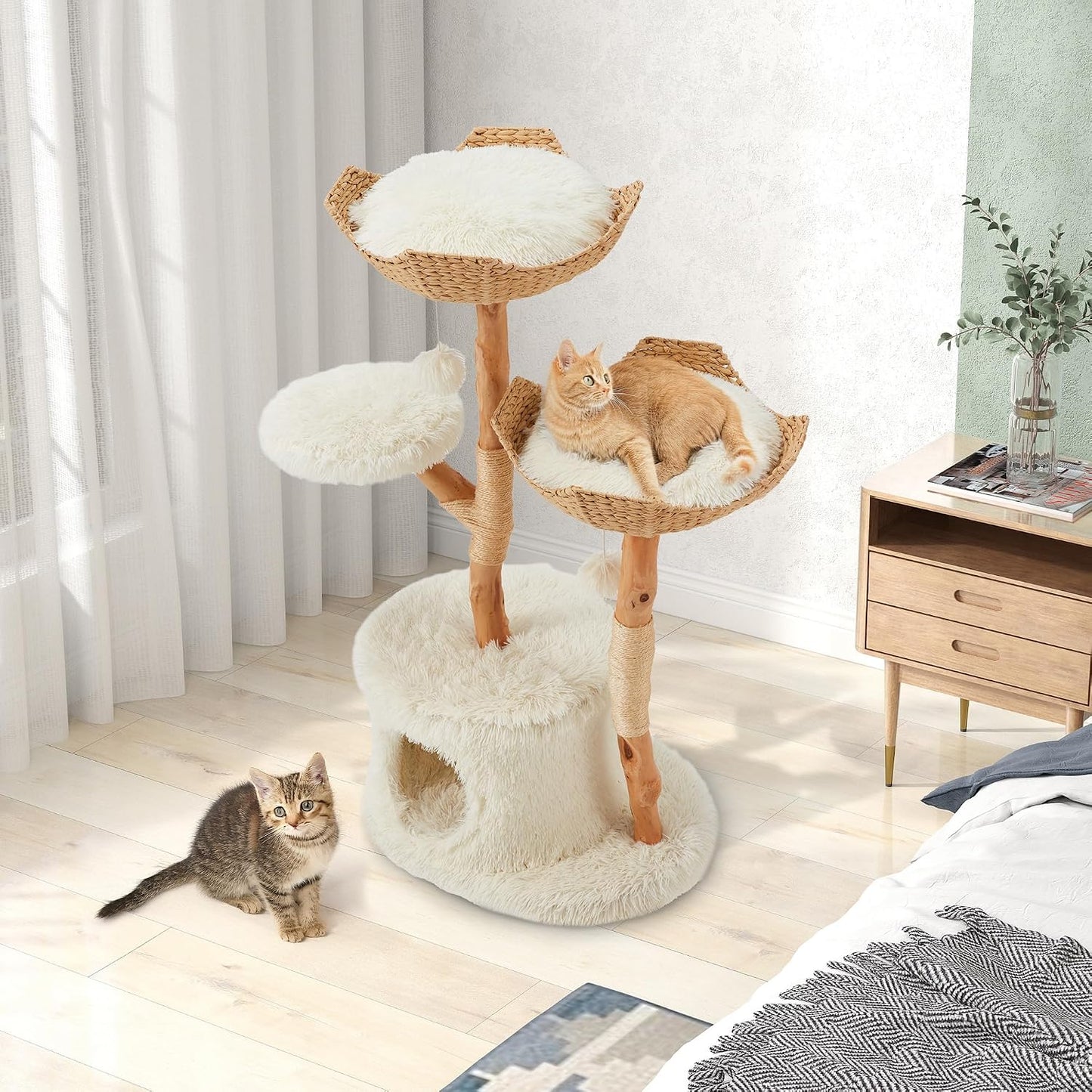 Luxury Wooden Modern Cat Tree House Tower with Scratching Post for Indoor Cats