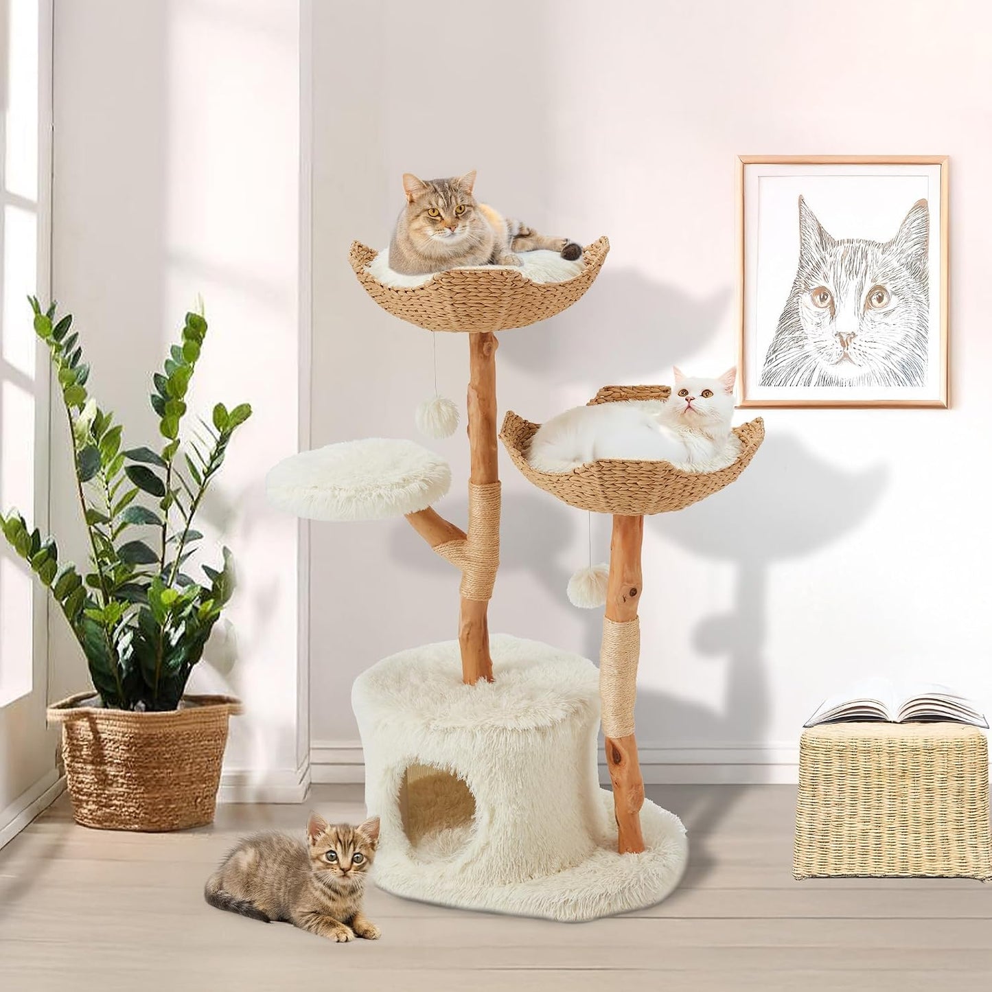 Luxury Wooden Modern Cat Tree House Tower with Scratching Post for Indoor Cats