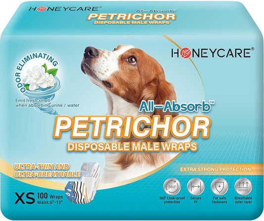 All Absorb Petrichor Male Dog Wrap, Fresh Smell Disposable Diapers, Extra Small, White, 100 Count