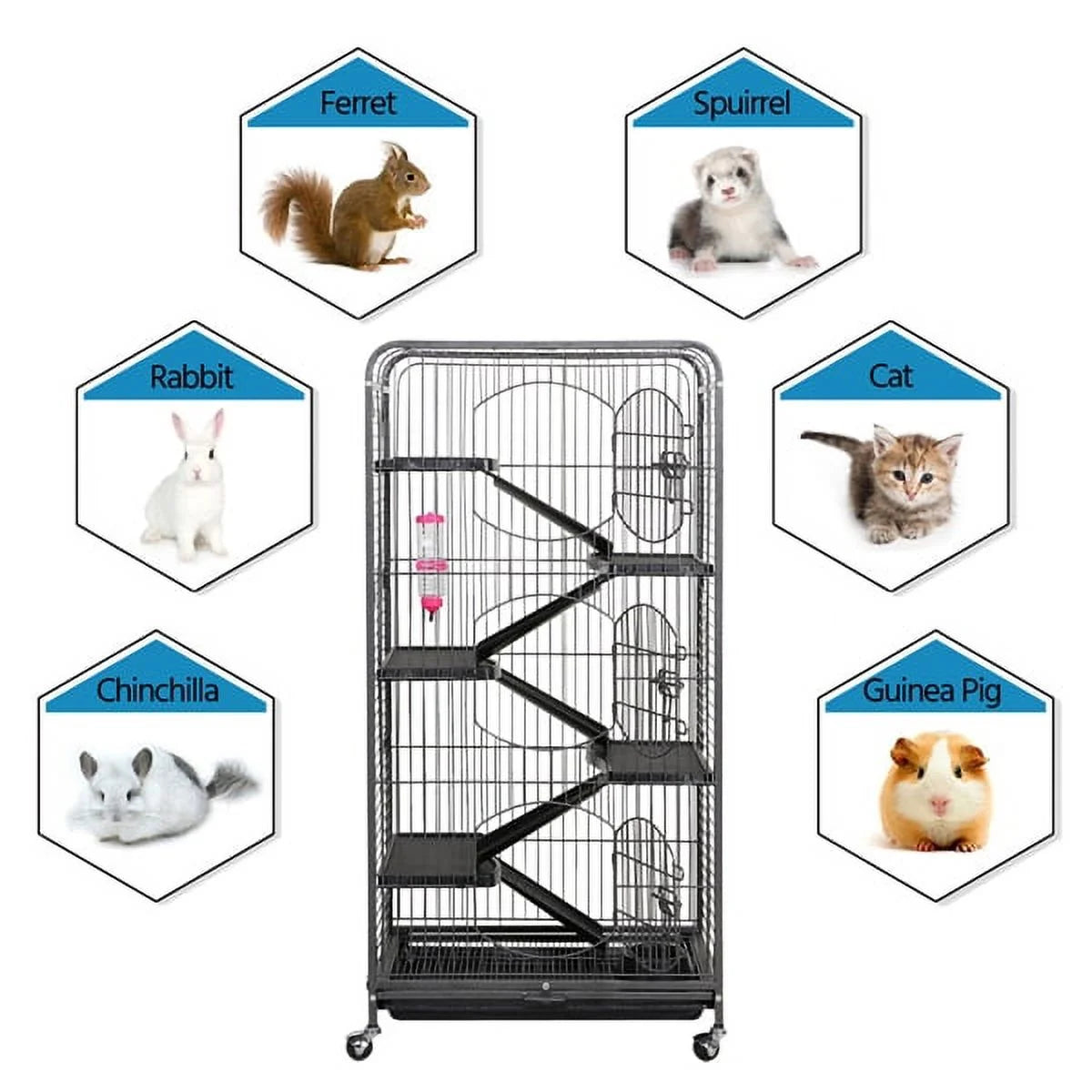 Large 6 Level Rolling Pet Cage with 3 Doors, Pet Bowl, and Water Bottle for Small Animals, Black