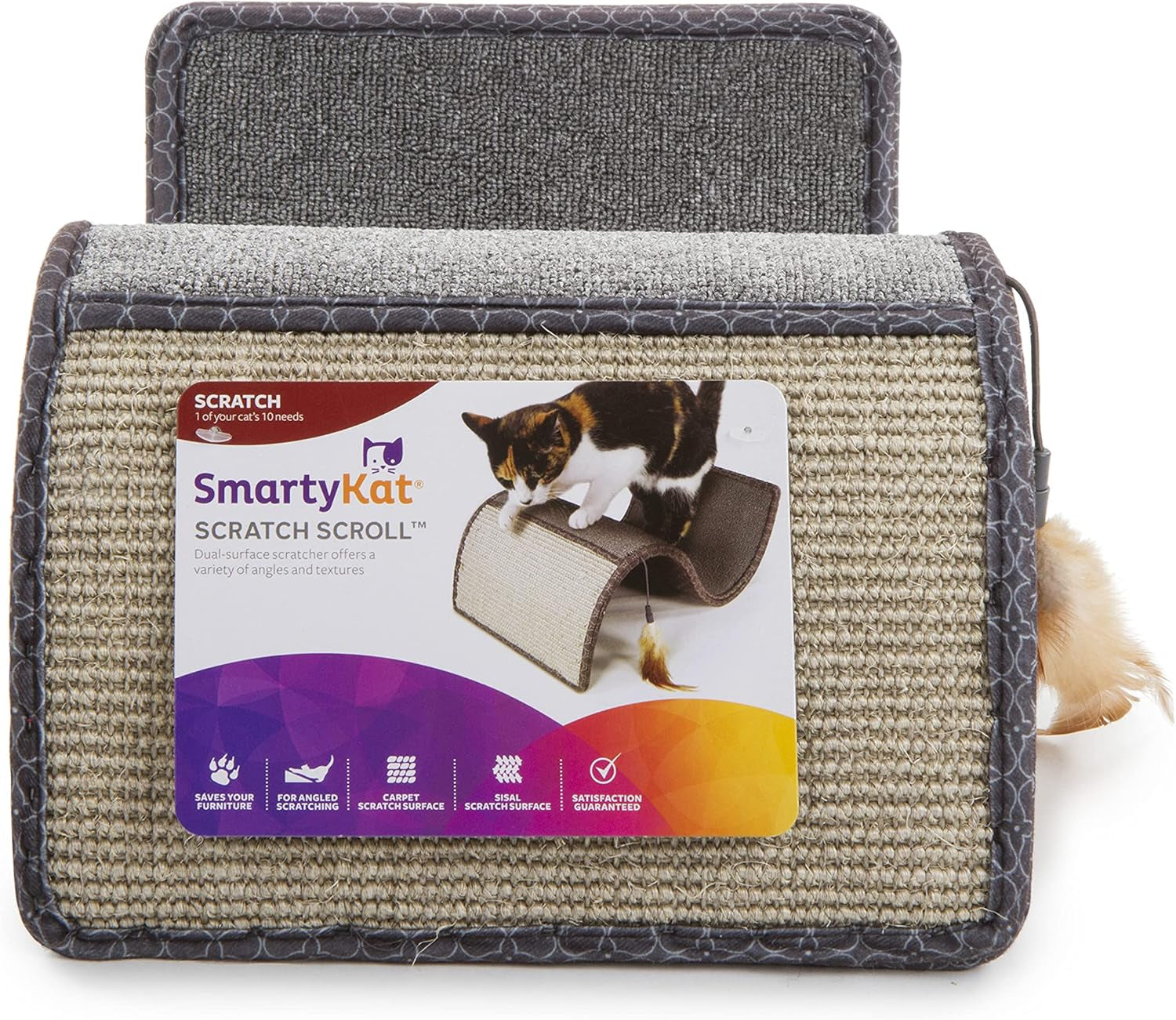 Scratch Scroll Sisal & Carpet Curled Cat Scratcher for Indoor Cats & Kittens, Features Feather Toy for Play, Looped Carpet Material, Gray
