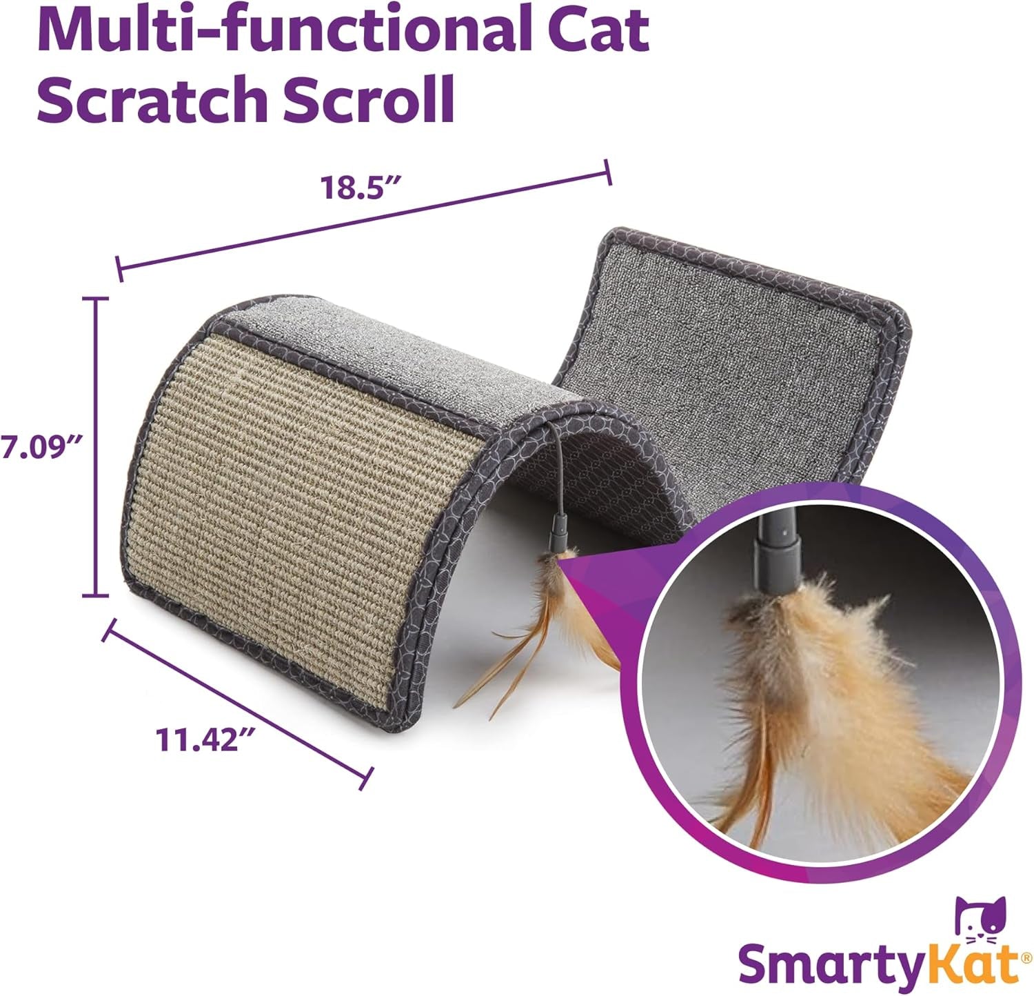 Scratch Scroll Sisal & Carpet Curled Cat Scratcher for Indoor Cats & Kittens, Features Feather Toy for Play, Looped Carpet Material, Gray