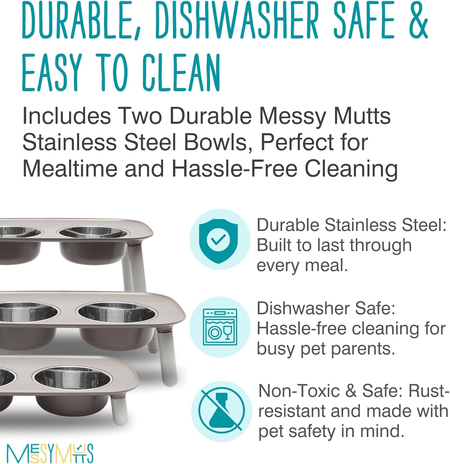 Elevated Double Feeder with Stainless Bowls | Adjustable Height 3”, 5”, or 10” | Adjustable Standing Feeder for Dogs | 5 Cups per Bowl | Dark Grey